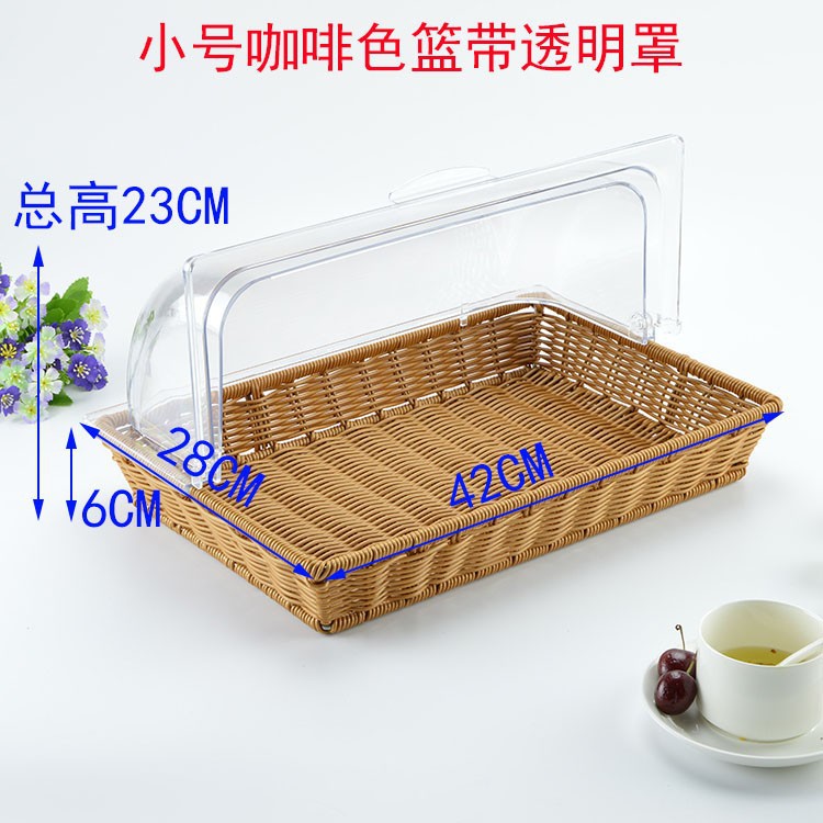 Cesta para pan, cesta para frutas, imitación ratán de plástico con tapa, cesta para exhibir alimentos, bandeja de ratán con tapa, transparente para puestos de venta