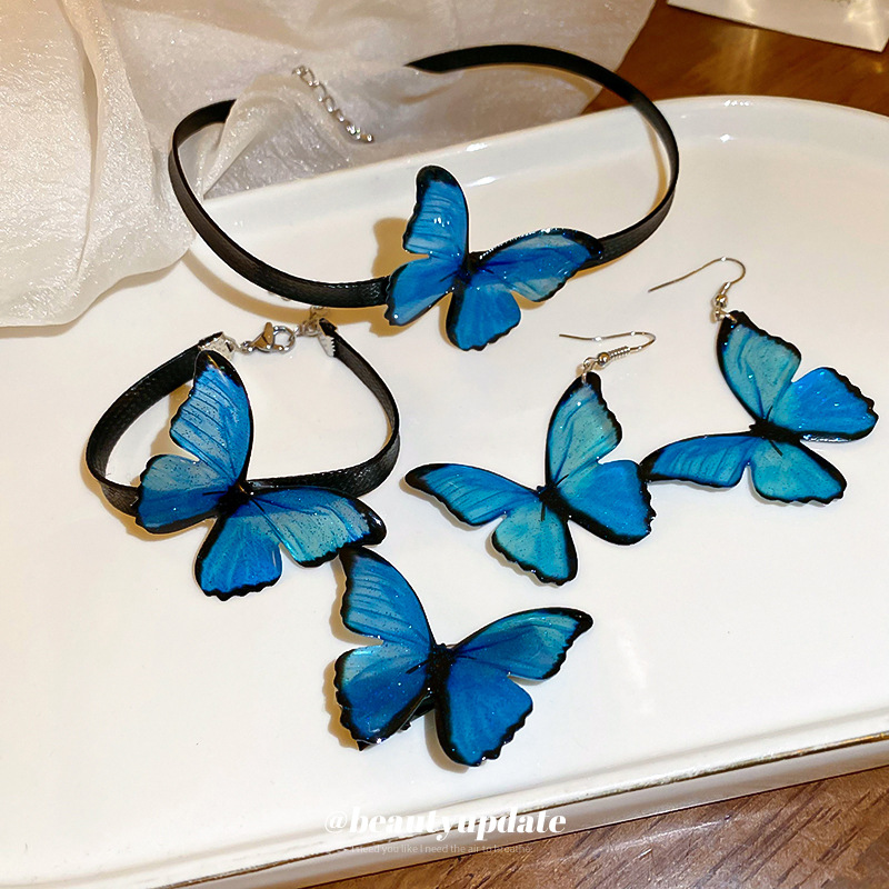 Estilo princesa Super Fairy Gradiente Blue Butterfly Par Gancho Pulsera Collar Conjunto de joyería de todo fósforo con personalidad de estilo literario dulce