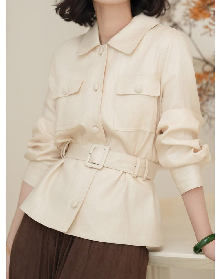 Áo khoác ngắn nữ pha Tencel và linen cổ polo tay dài chiết eo tôn dáng — Màu be chi tiết 10