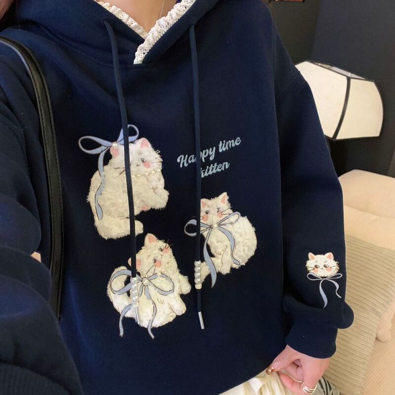 Korean-Style Lace-Trimmed Beaded Cat Print Hooded Sweatshirt for Women, Autumn and Winter, Fleece-Lined, Thickened, Lazy Style, Loose-Fitting Jacket
