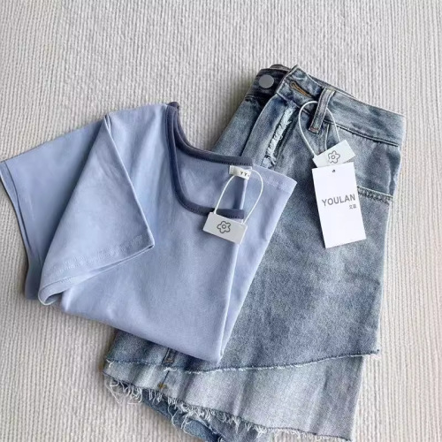 Square collar straight shoulder T-shirt for women's short-sleeved summer new slim and versatile short navel-exposed ins top trendy