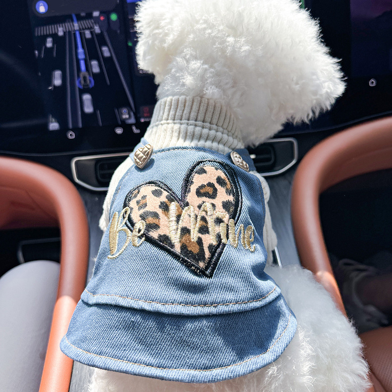 スポットクロスボーダー人気ペット子犬猫服ソース工場直販春秋ヒョウ柄ラブデニムスカート|undefined