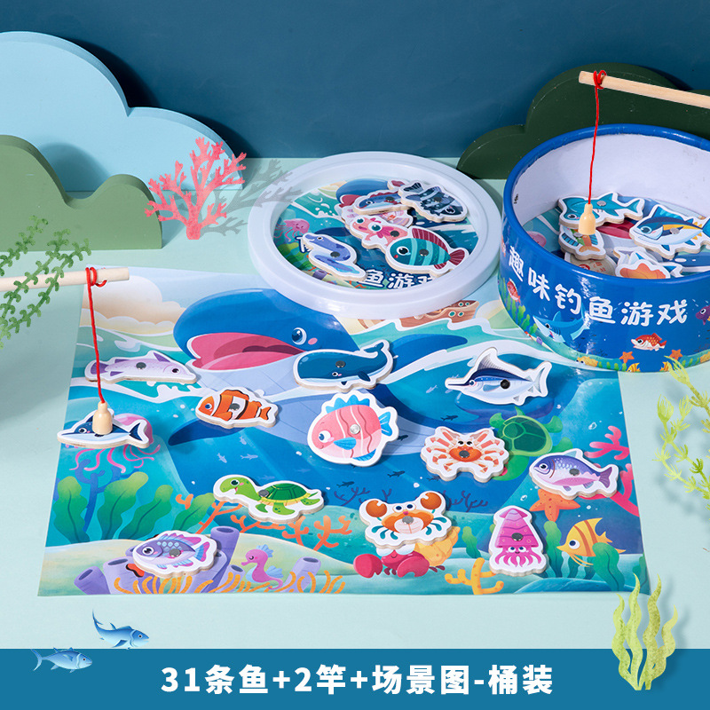 Diversión de madera barril magnético pesca marina juego de cartas juego ejercicio coordinación mano-ojo juguetes educativos