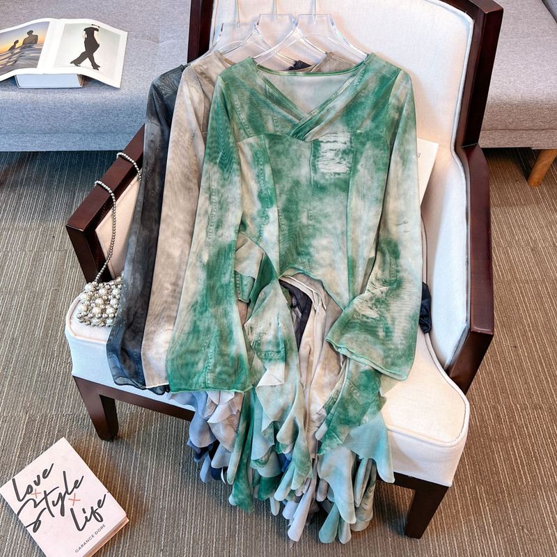 Heavy-Duty Design Ribbon Long-Sleeved Mesh Top Summer Thin Super Nice Slim Fit Asymmetrical Sun Protection Blouse for Women Heavy-Duty Design Ribbon Long-Sleeved Mesh Top Summer Thin Super Nice Slim Fit Asymmetrical Sun Protection Blouse for Women
