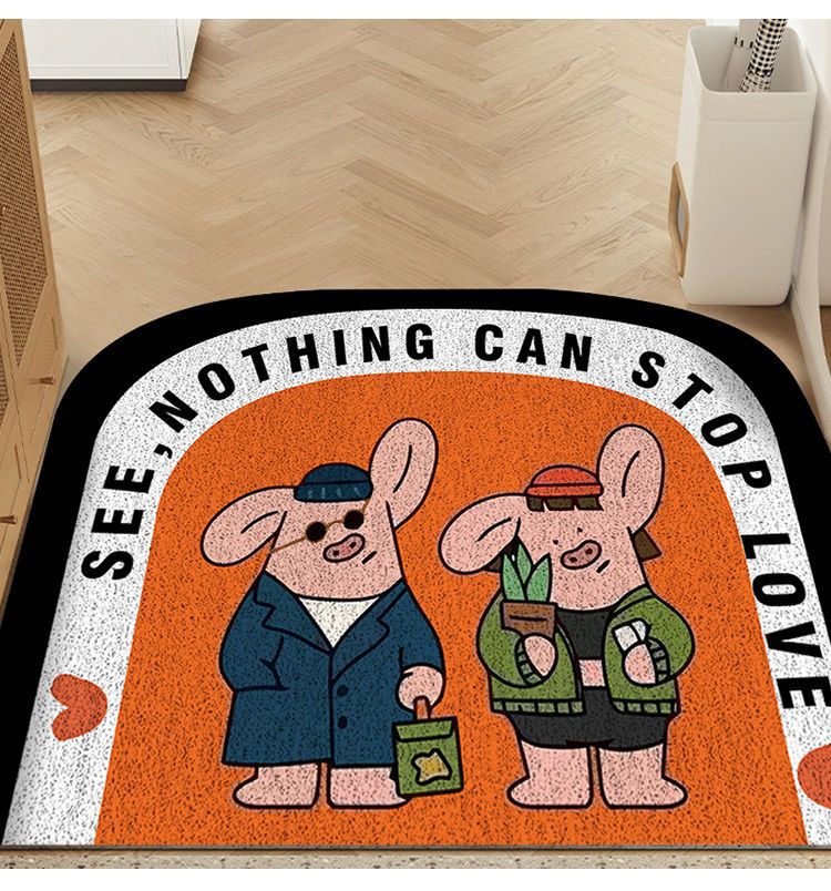 Home Floor Mat Cartoon Piggy Entrance Entrance Semi-round Foot Mat Home Scraping Mud and Soil Anti-slip Silk Ring Floor Mat