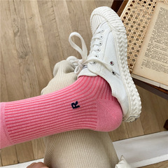 Women's long cotton socks in candy colors—same style as Dongdaemun, trendy Instagram-inspired socks with an edgy Japanese R-letter design and playful college-style stacked cuffs.