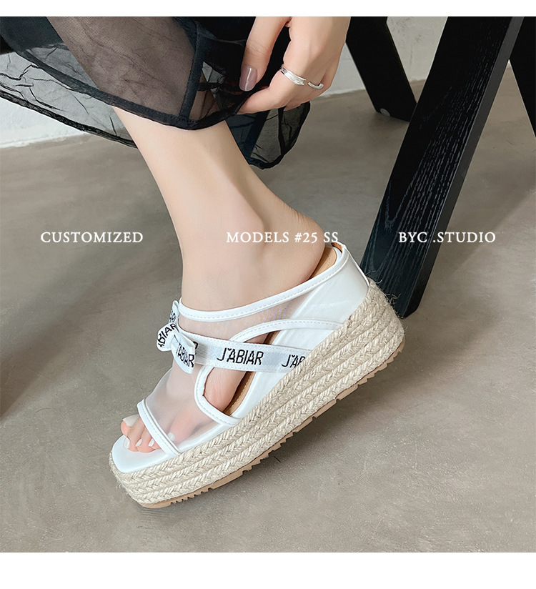 Sandal hở mũi nữ đế xuồng lưới chấm bi gót độn cao 2025 — Chấm bi trắng, Màu trắng chi tiết 8