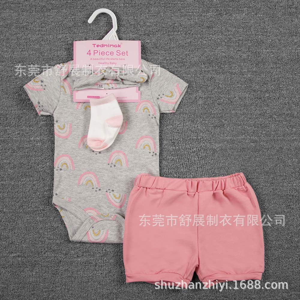 婴儿四件套 短哈衣+短裤+口水巾+袜子 跨境专供外贸童装 厂家批发
