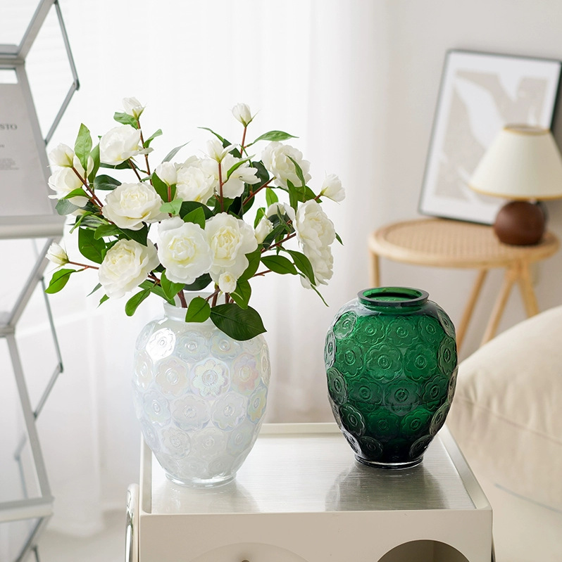 New Chinese Style Relief Vase Glass High-End Vase Ornaments Vase Flower Arrangement High-End Desktop Home Decorations