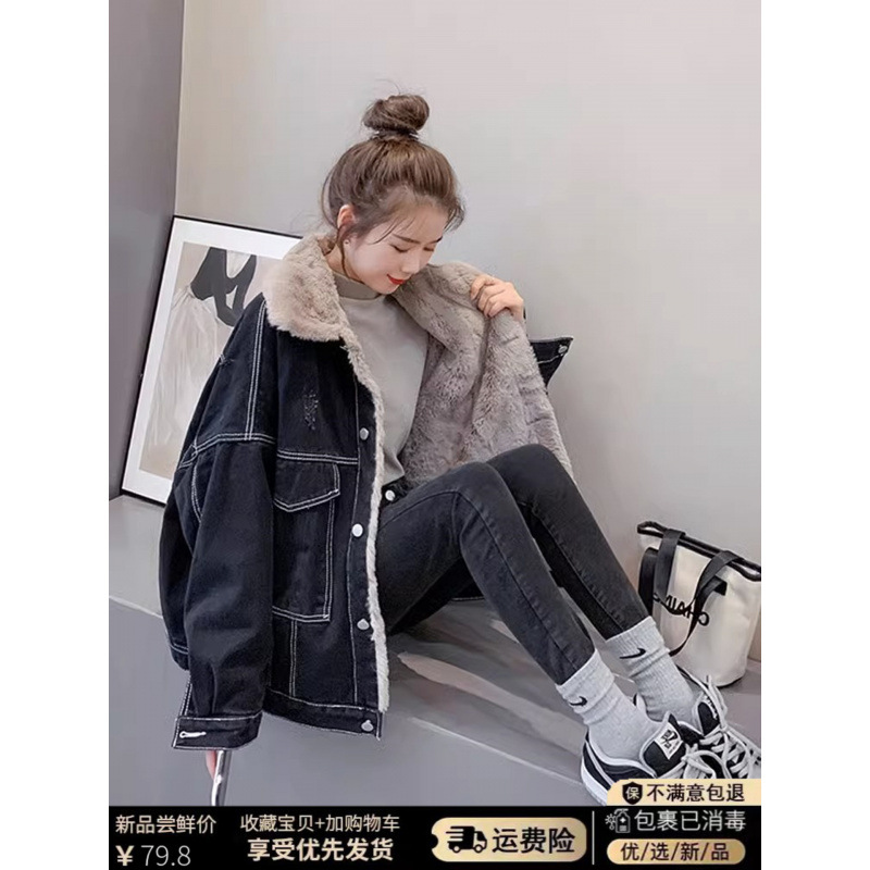 新款休闲百搭棉衣牛仔冬季棉服宽松2025加绒加厚外套女秋冬羊羔毛
