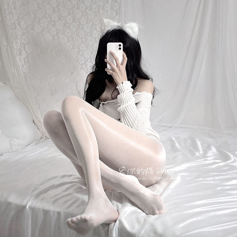 Pet Your Cat: sexy horse oil black silk shiny pearl open crotch stockings silky white silk pantyhose ultra-thin