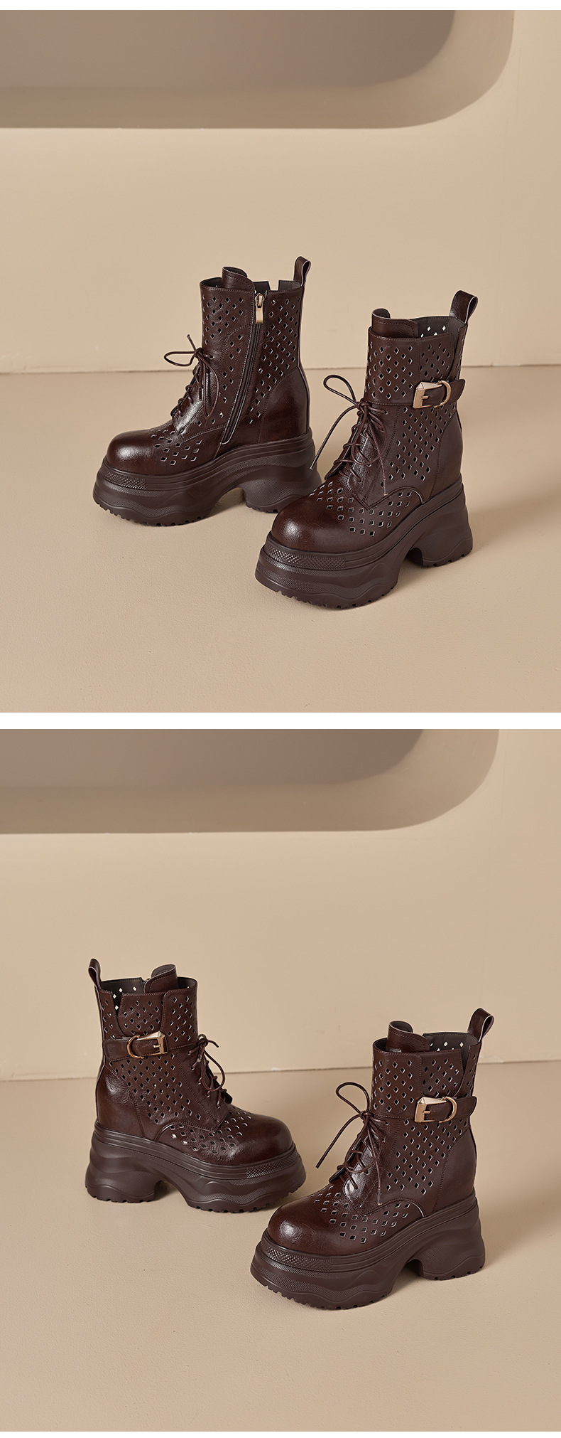 Boot nữ cổ cao ôm bắp chân đế platform gót 12 cm, phong cách hầm hố — màu nâu, màu đen chi tiết 12