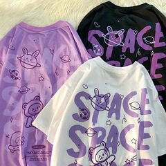 特大サイズ2-300斤夏のアメリカンベアプリント半袖tシャツ女性太ったmmゆるい半袖tシャツ上着潮