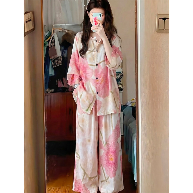 Summer Chic Tailored Long-Sleeved Printed Loungewear, Loose and Slimming, with a Relaxed Vibe, Women's Two-Piece Pajama Set