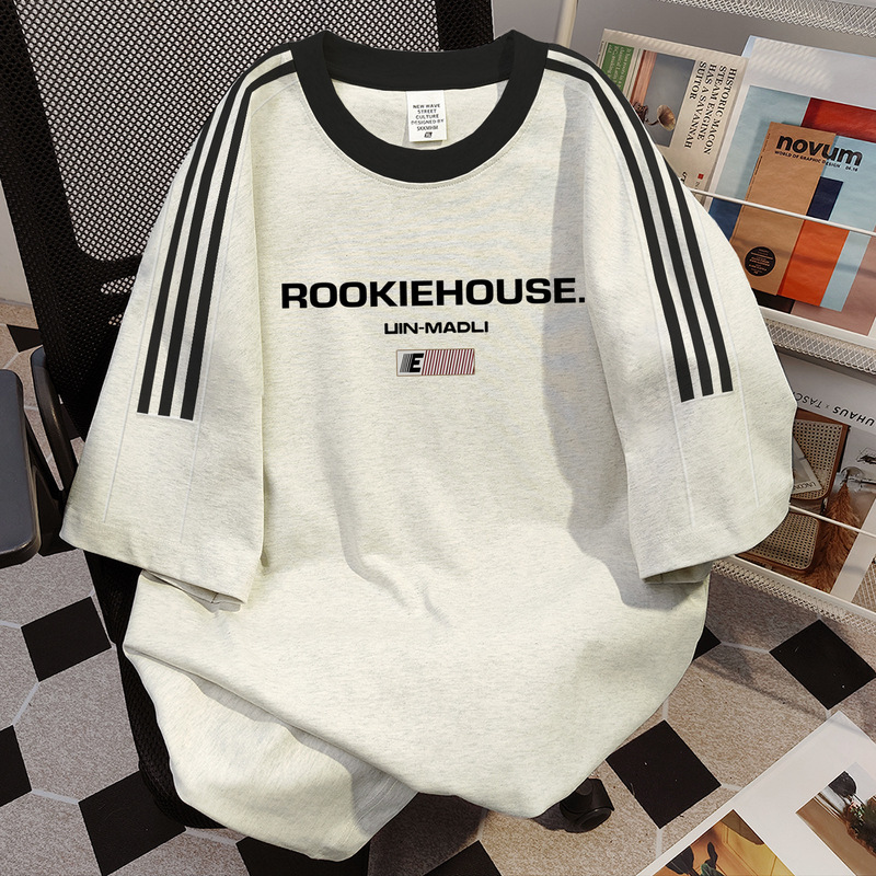 Heavy Cotton Three Bar Round Neck American Couple Short-sleeved Men's Summer Fashion Brand Casual Top Loose Round Neck T-shirt Heavy Cotton Three Bar Round Neck American Couple Short-sleeved Men's Summer Fashion Brand Casual Top Loose Round Neck T-shirt