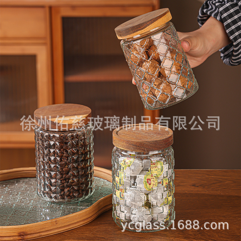 多機能アカシア木製ガラス保存瓶キッチン収納密封瓶レトロ穀物食品グレードのガラス密封瓶|undefined