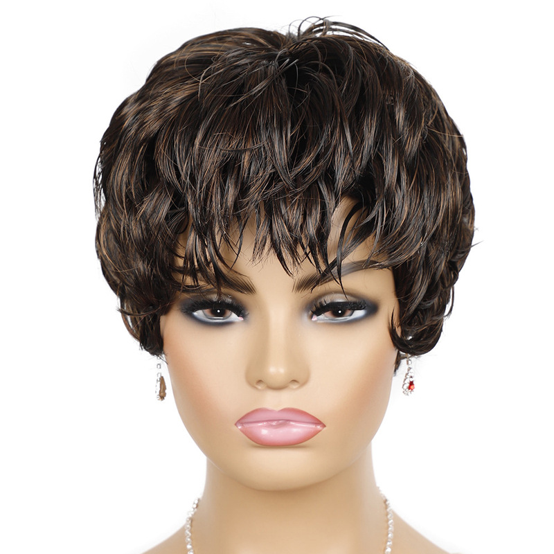 Foreign trade short wig head cover oblique bangs short hair women's head cover African female wig short head cover light brown Foreign trade short wig head cover oblique bangs short hair women's head cover African female wig short head cover light brown