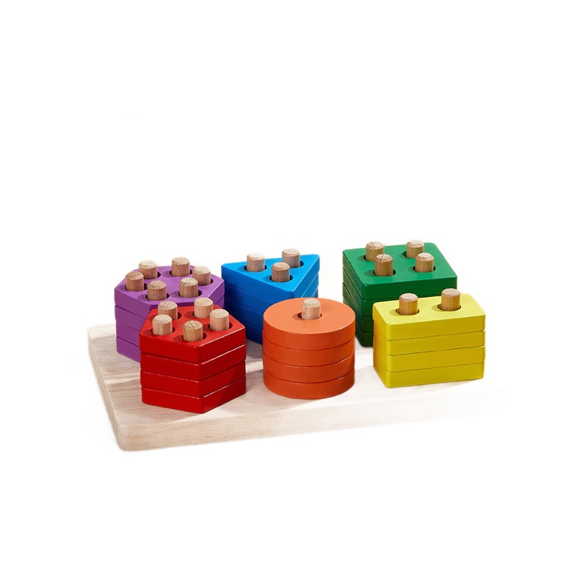 Bloques de construcción geométricos de Montessori emparejados con cuatro o seis juegos de juguetes de madera, ayudas didácticas de iluminación temprana para bebés y niños pequeños