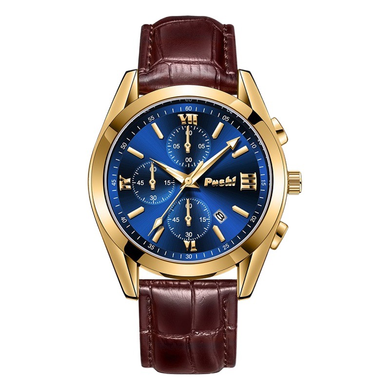 POSHI nuevos hombres de la correa de reloj de cuarzo calendario impermeable simple reloj de imitación de los hombres de tres ojos reloj al por mayor