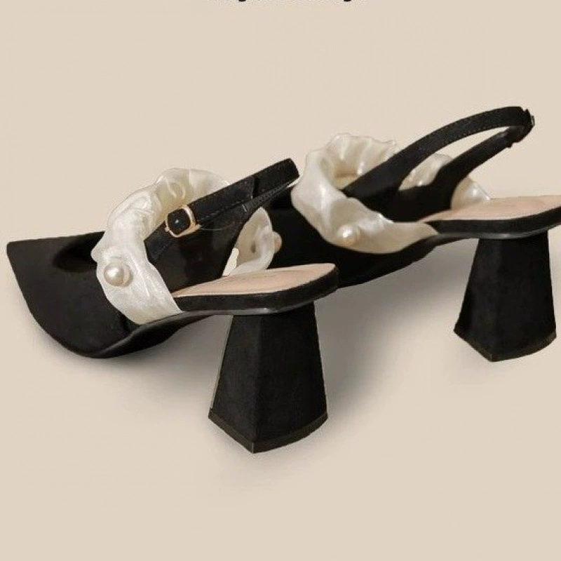 Черные туфли на высоком каблуке для женщин 2025, новые летние босоножки на толстом каблуке с французским острым носком, элитная обувь для улицы