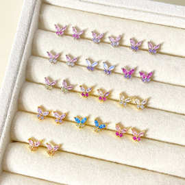 定制外贸泰国新品配饰小蝴蝶耳钉首饰镀真金彩色锆石可爱甜美耳环