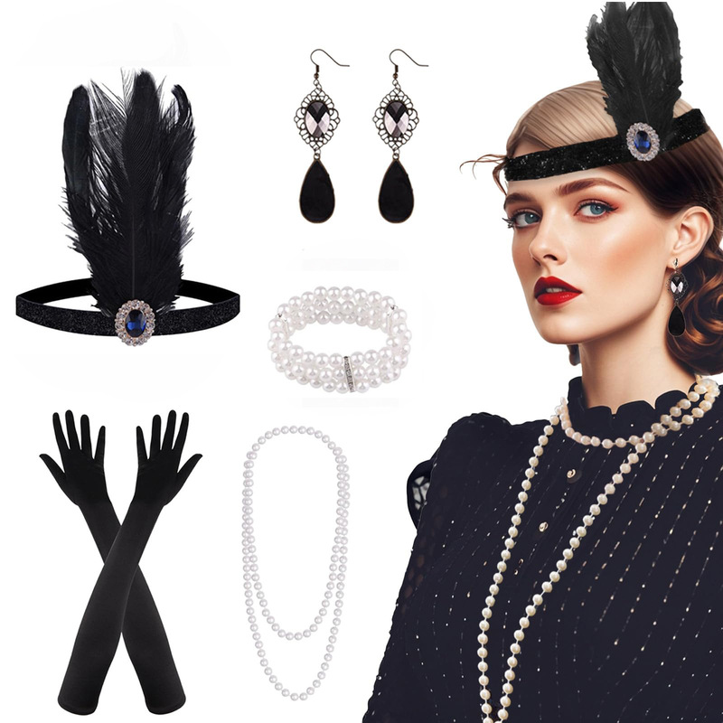 Cross-Border Hot-Selling 1920S Gatsby Flapper Five-Piece Set of Festive Dance Party Costume Accessories Set Cross-Border Hot-Selling 1920S Gatsby Flapper Five-Piece Set of Festive Dance Party Costume Accessories Set