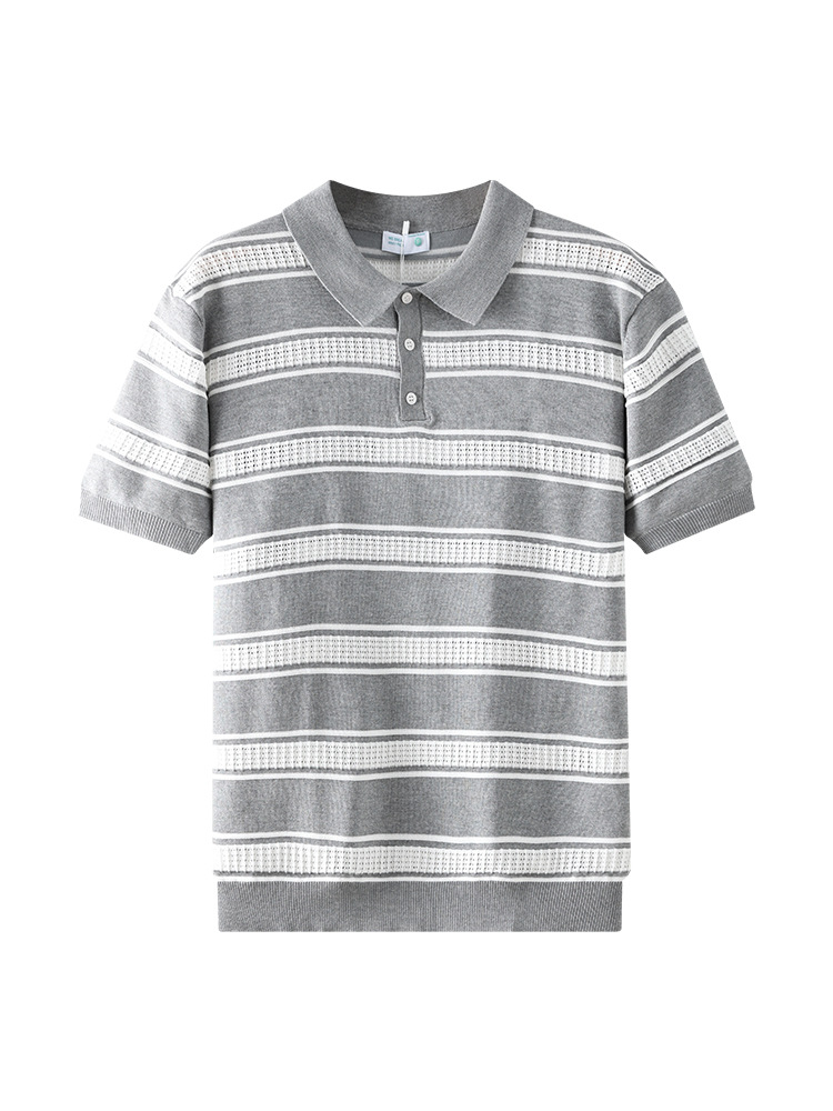 Los hombres europeos y estadounidenses con rayas huecas de hielo de punto polo con collar de manga corta camiseta de lujo ligera de negocios casual