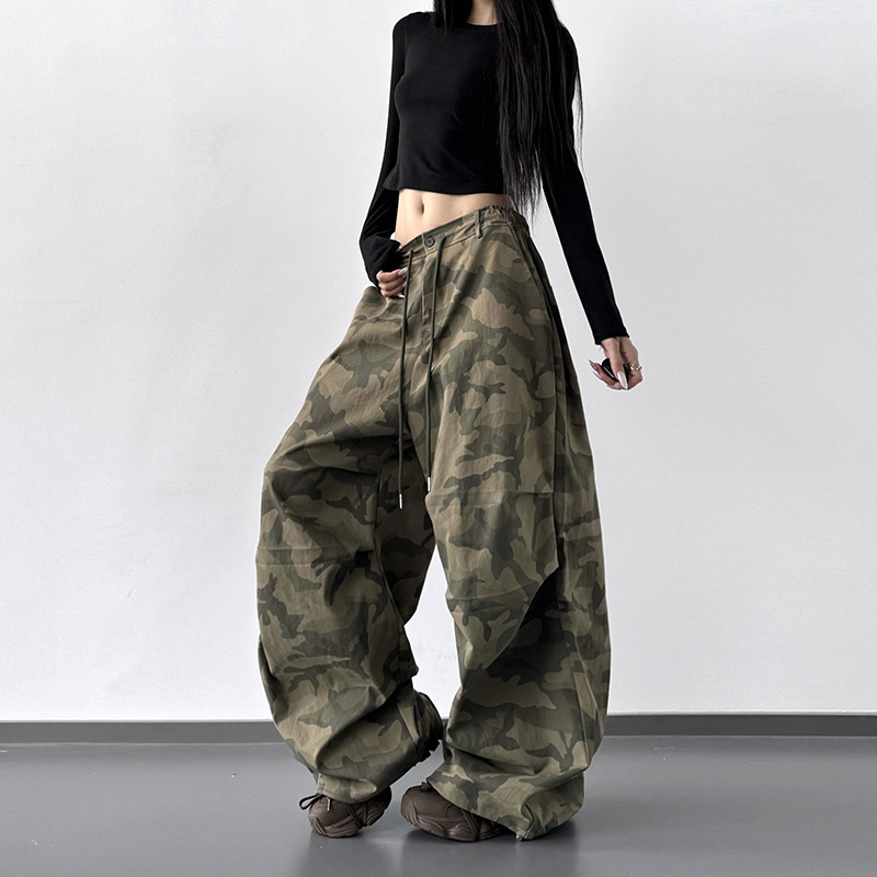 2025 New Autumn Clothing, This Year's Popular Camouflage Cargo Pants, Women's Drawstring Sports Pants, Street Casual Pants, Loose Wide-Leg Pants