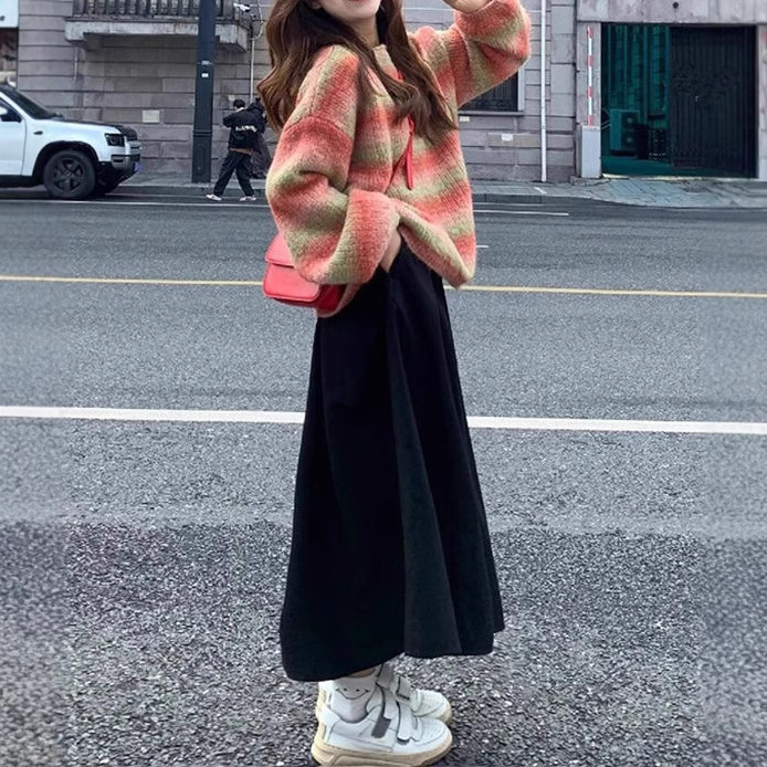 渐变撞色彩虹条纹圆领长袖套头毛衣打底衫通勤休闲针织衫内搭上衣|undefined