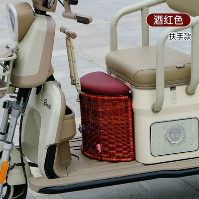Baby Seat Safety, Electric car child seat - three-wheel-bamboo-basket-wine-red-armrest-decorative-flowers-in-random-colors