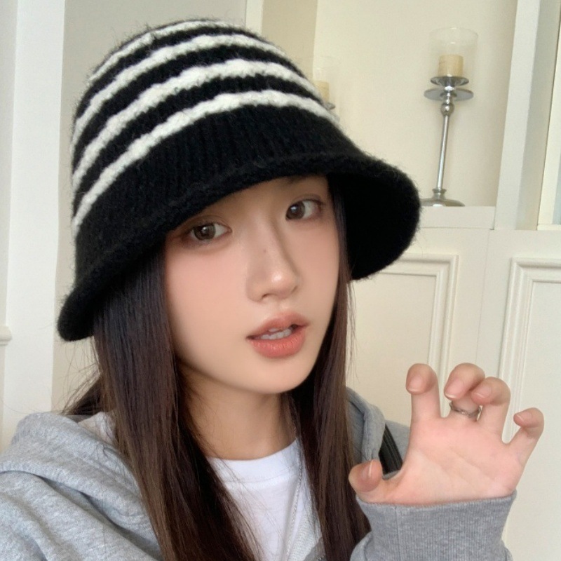 新款条纹针织渔夫帽子女秋冬季ins风小众百搭保暖羊绒水桶帽批发|undefined