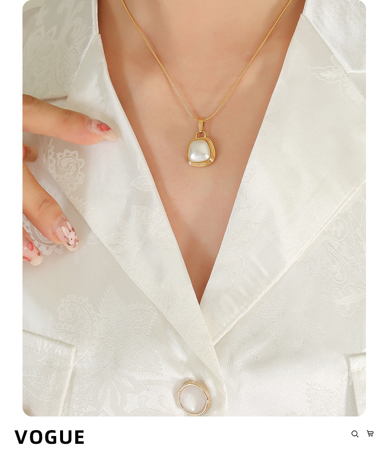 French Style Square Titanium Steel Copper Plating Inlay Artificial Pearls Pendant Necklace 1 Piece