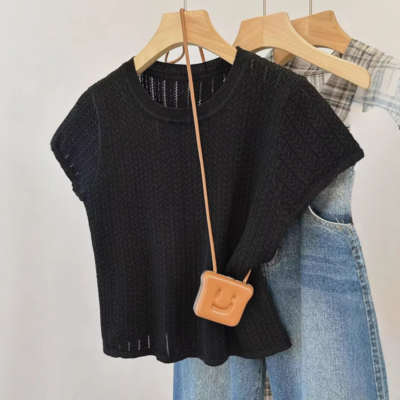 French Style Chic Hollow Crewneck Sweater Women's Short-sleeved 2025 Summer New Style Gentle Super Nice Lightweight Base Top