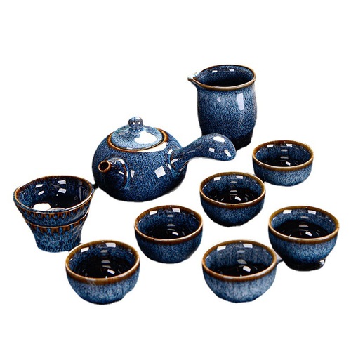 Song Dynasty Jun kiln teapot Gulan brushed kiln variable glaze tea set Tianmu ceramics Jun porcelain Kung Fu tea set tea cup set
