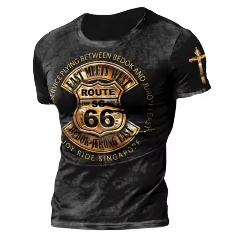 Camiseta de cuello redondo de manga corta transpirable de malla suelta de verano de los hombres con estampado 3D con estampado de lema retro clásico