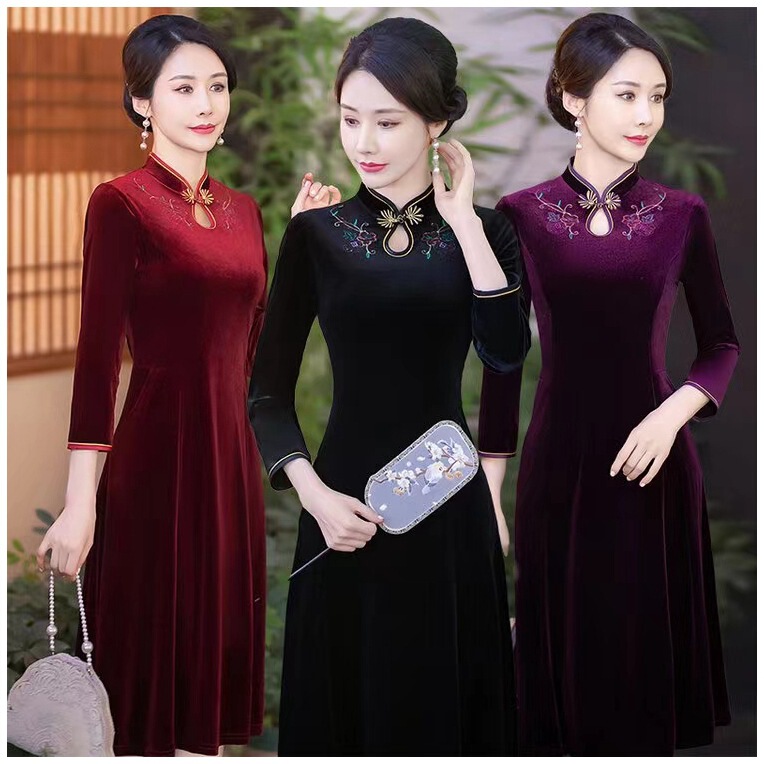 Middle-aged and elderly gold velvet cheongsam dress plus size belly-covering slimming mother's seven-point sleeve mid-length base skirt gown Middle-aged and elderly gold velvet cheongsam dress plus size belly-covering slimming mother's seven-point sleeve mid-length base skirt gown