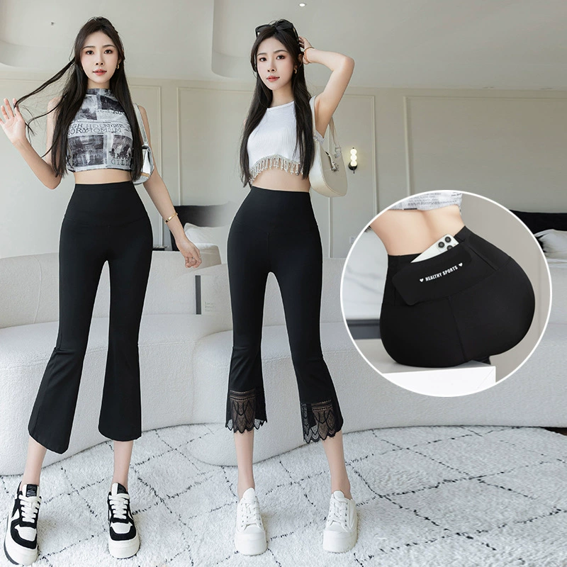 Высокая Талия Укороченные расклешенные брюки верхняя одежда карманные брюки рога акулы женские кружева плюс размер тонкие леггинсы