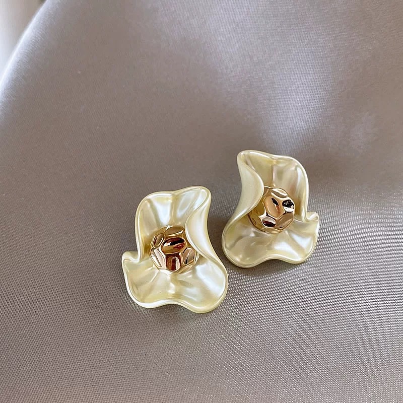 Gold and silver irregular pleated metal flower earrings