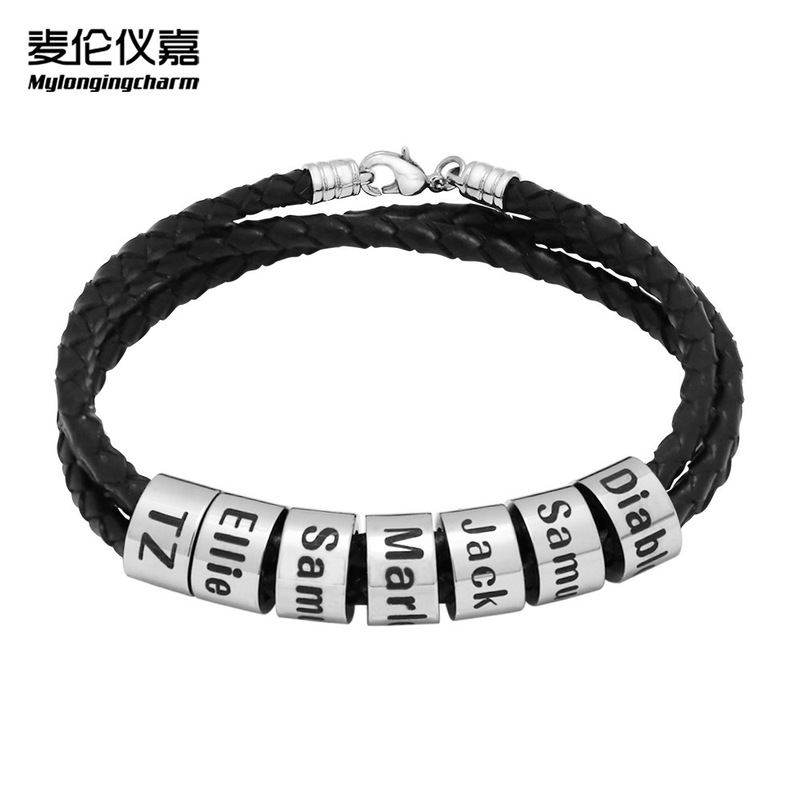 Cross-Border European and American Independent Station Father's Day Gift Jewelry Stainless Steel DIY Lettering Letter Name Beaded Leather Rope Bracelet