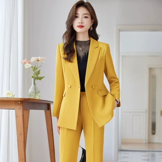 职业装西装套装女正装商务气质女神范高端工作服黄色西服外套春秋