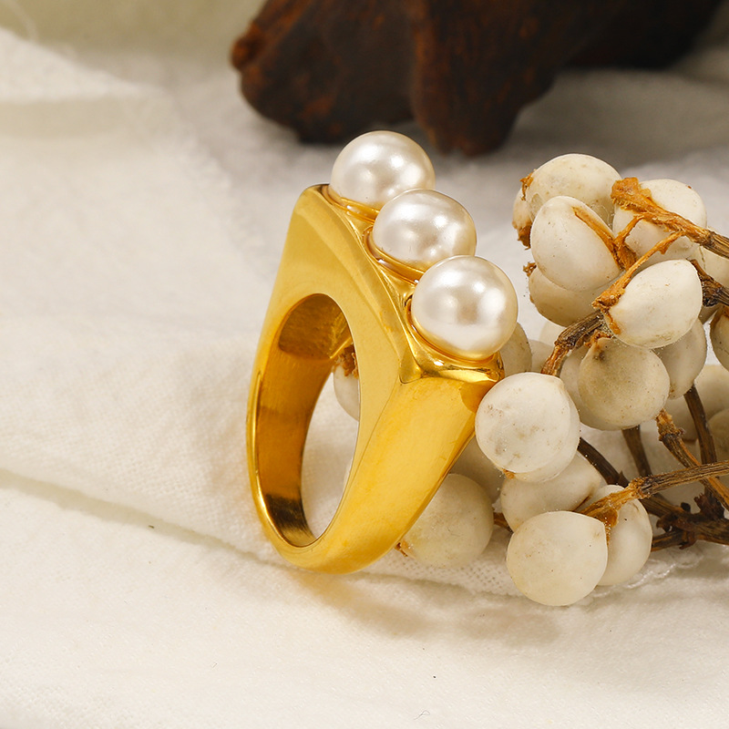 13g Weight Artificial Pearls, December Birthstone Turquoise Inlay Material Rings Classification 1 Piece Quantity Banquet, Party Occasion Titanium Steel Material Geometric Pattern Women's Gender Plating, Inlay Design Elegant, Glam Style Titanium Steel Elegant Glam Geometric Plating Inlay Artificial Pearls Turquoise Rings 11