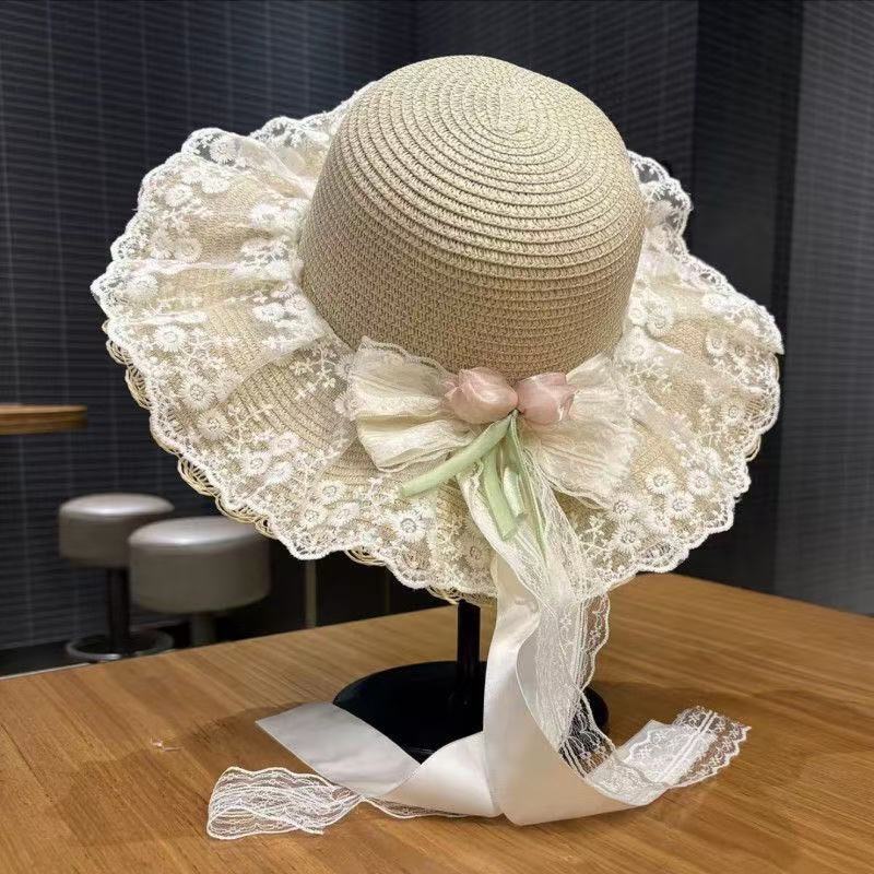 Summer French Lace Bow Straw Hat for Women with Large Brim and Pearls, Sun Protection Sun Hat, Beach Vacation Sun Hat