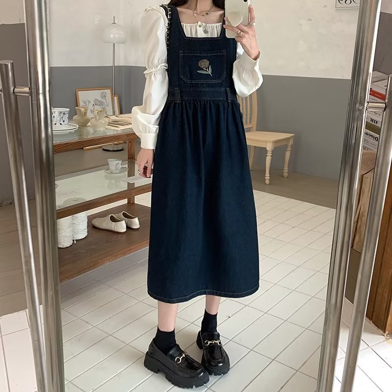 Denim Strap Dress Girl's Summer 2023 New Style Design Sense Student College Style Japanese Style Mid-Length Dress Trendy