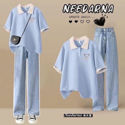 Summer Set Women's Student Korean Style Loose Fit Slimming Polo Neck T-shirt + Jeans College Style Two-Piece Set Trendy