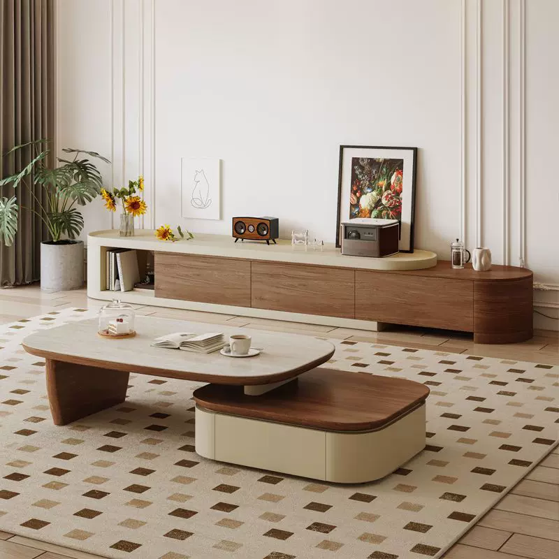 中古风胡桃木圆形茶几小圆桌电视柜组合茶几家用客厅小户型