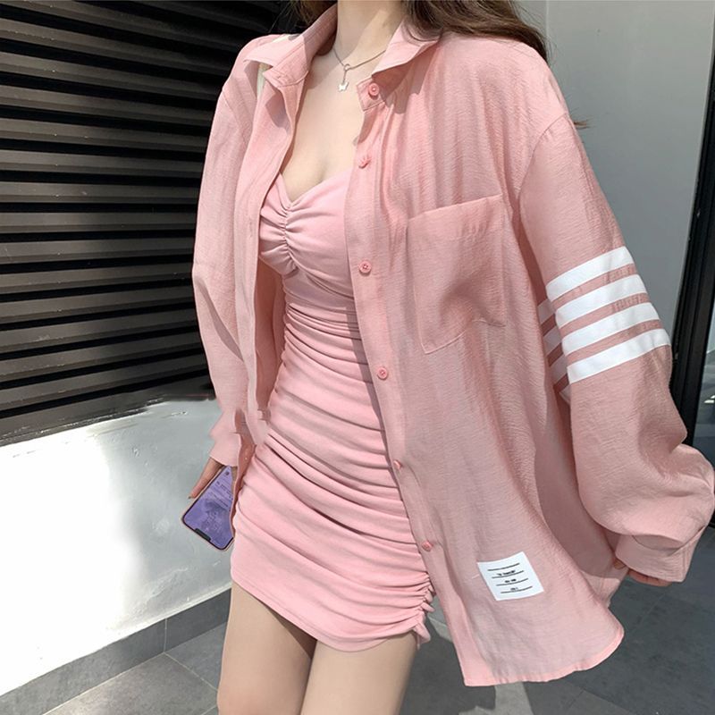 粉色衬衫女夏季宽松外穿防晒薄款长袖衬衣外套纯欲风吊带裙两件套