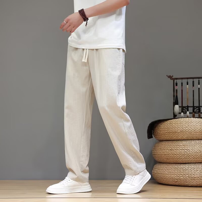 중국 스타일 아이스 실크 바지 남성 여름 얇은 느슨한 스트레이트 캐주얼 바지 트렌디 브랜드 잘 생긴 하이 엔드 와이드 레그 바지