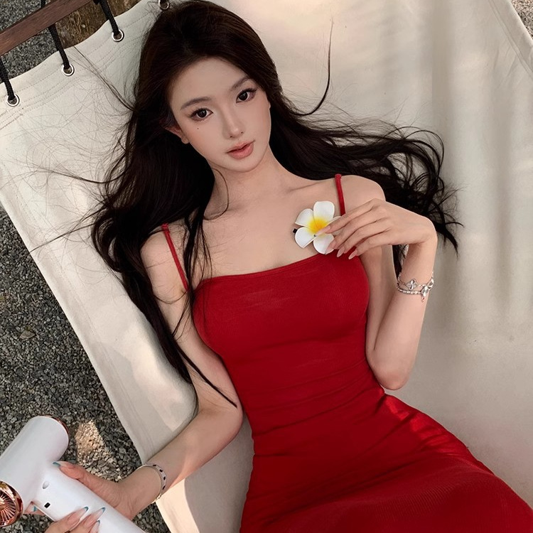 [Skim*S Wine Glass Red] Red Suspender Slim Bottoming Skirt Banquet Dress Long Skirt Waist Fishtail Dress