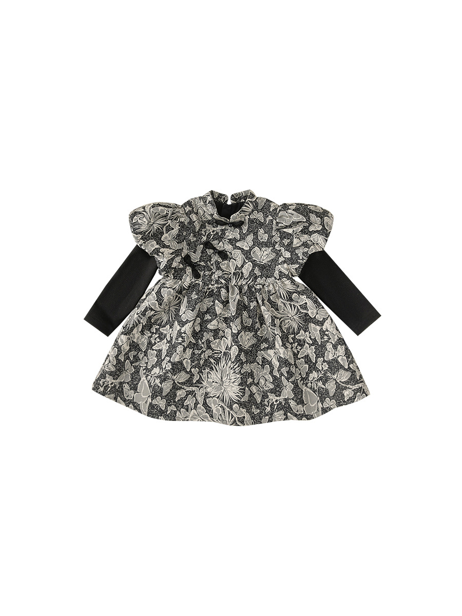 Yubao ropa infantil de niñas vestidos de manga de burbuja falsos dos piezas de falda de flores de contraste de otoño de estilo chino falda de estilo nacional