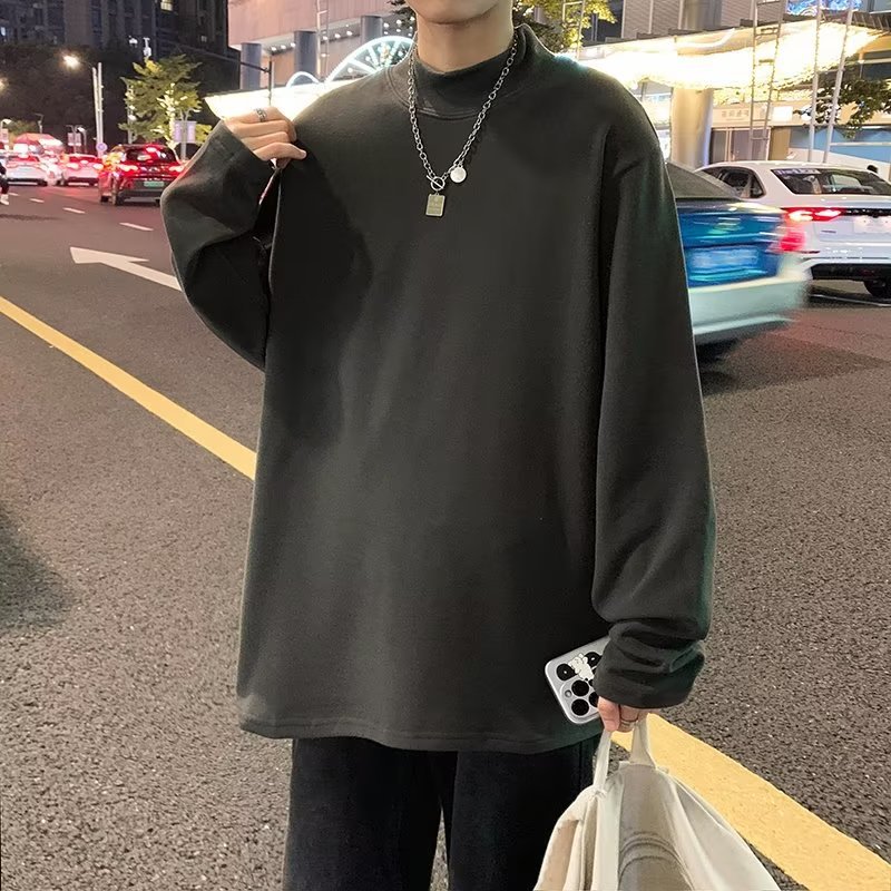 홍콩 스타일 벨벳베이스 셔츠 남성용 봄과 가을 패션 브랜드 커플 내부 긴 소매 티셔츠 단색 하프 하이 칼라 니트 셔츠